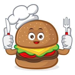 Burger mascot cartoon illustration hold fork and knife