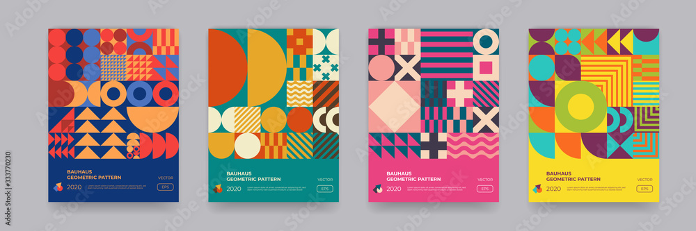 Poster Abstract Bauhaus geometric pattern background, vector circle, triangle and square lines color art design. Colorful Bauhaus pattern background