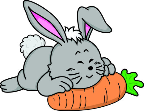 Vector illustration of Cartoon happy rabbit hugs carrot.