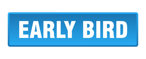 early bird button. early bird square blue push button