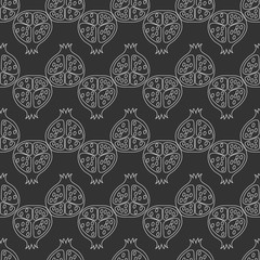 Seamless pattern with flat fruits pomegranate, white outline on black background. Vector illustration.