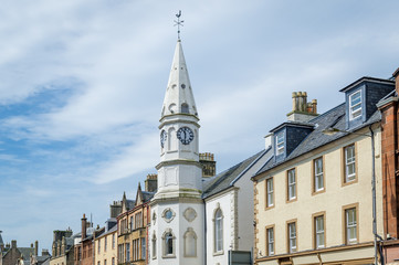 Campbeltown Town Hall and old clock tower close view. Scotland.
