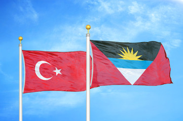 Turkey and Antigua and Barbuda two flags on flagpoles and blue cloudy sky