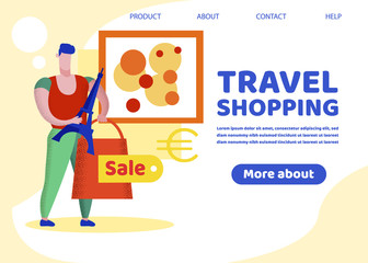 Travel Shopping Banner, Man Holding in Hands Paper Bag and Souvenir of Eiffel Tower, Euro Sign. Tourist Make Purchases Abroad, Shopaholic, Paris Tour, Vacation Trip. Cartoon Flat Vector Illustration,