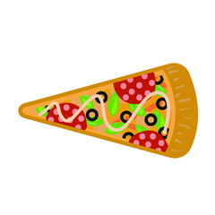 Pizza with sausage; leaf and olives. Food vector illustration