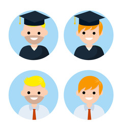 Set of avatars of man in blue circle. Cap of graduate school and College. Office worker. Education and work. young guy in white shirt and tie. Cartoon flat illustration