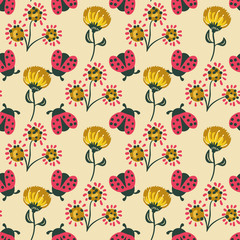 Obraz premium Ladybugs and flowers seamless vector pattern in red and yellow. Decorative girly surface print design with simple illustrations. For fabrics, cards, gift wrapping paper, scrapbooking, and packaging.