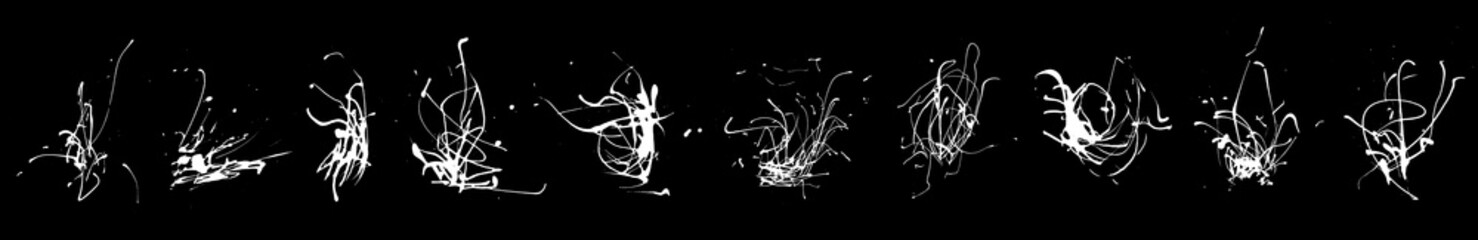 Set of ink calligraphy graphics elegant shapes. Abstract black and white imprint set. Horizontal format, inversion. Vector clipart. Dynamic splash. Background design for poster, cover, banner, placard