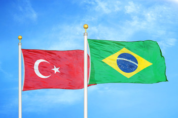 Turkey and Brazil two flags on flagpoles and blue cloudy sky