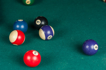 Billiards balls and cue on billiards table. Billiard sport concept