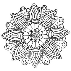 Black and white mandala for anti stress coloring, henna, Mehndi, tattoo, design and decor. Hindu and Buddhist isolated round sacred symbol in the form of a flower with repeating elements. Vector.