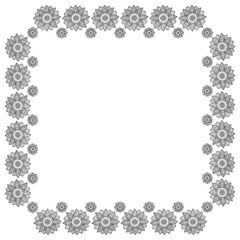 Square frame from hand-drawn black mandalas with place for text on a white background. Hindu Vedic and Buddhist round sacred symbols in the form of flowers. Template for invitation, blank. Vector.