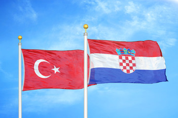 Turkey and Croatia two flags on flagpoles and blue cloudy sky