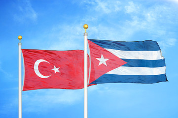 Turkey and Cuba two flags on flagpoles and blue cloudy sky