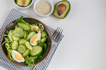Salad of fresh cucumbers, spinach leaves, arugula, avocado. Served with slices of eggs and red pepper. Dietary nutrition. Breakfast for the whole family. Vitamin plate. On a light background.