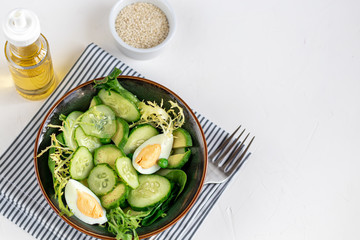 Salad of fresh cucumbers, spinach leaves, arugula, avocado. Served with slices of eggs and red pepper. Dietary nutrition. Breakfast for the whole family. Vitamin plate. On a light background.