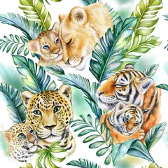  Tropical pattern with wild animals. Tropical green leaves isolated on a white background. Jungle botanical watercolor illustrations, floral elements.  Watercolor. Illustration. Template © Yuliia