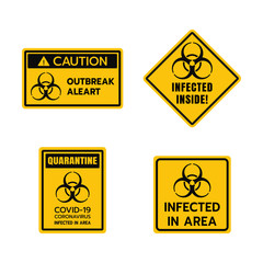 Yellow Caution Sign of COVID-19 Set. Warning  Coronavirus Outbreak Infected Area, Quarantine, Lock Down, Infection Virus Disease, Risk Area Zone. Biohazard Symbol in Various Shape. illustration EPS 10