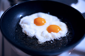 Close-up of two eggs cooking in a pan
