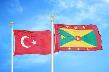 Turkey and Grenada two flags on flagpoles and blue cloudy sky