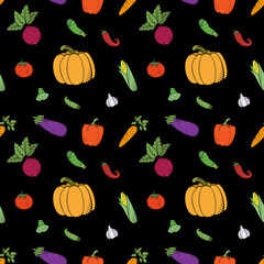 Seamless pattern with vegetables in retro style. Pumpkin, garlic, tomato, eggplant, cucumber, corn, peas, beet, carrot, broccoli, bell pepper and chili