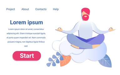 Cartoon Man Meditating at Work Vector Illustration. Businessman in Lotus Position in Clouds Banner. Yoga Practice Workplace Meditation Time Break. Stress Relief Emotion Control Concentration