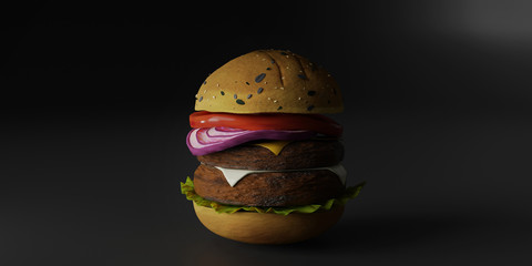 double cheeseburger on black background 3d illustration