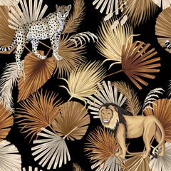 Stickers pour porte Brun Feuilles de palmier tropical vintage, léopard, fond noir motif floral sans soudure animal lion. Fond d& 39 écran de la jungle exotique.