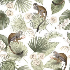 Behang Tropische print Tropische dierlijke aap, bloemen groene palmbladeren, orchidee roze bloem naadloze patroon witte achtergrond. Exotisch junglebehang.