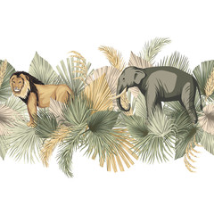 Vintage tropical palm leaves, lion, indian elephant animal floral seamless border white background. Exotic safari wallpaper. © good_mood