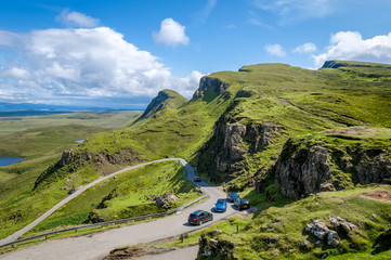 Mountain road aerial view from popular viewpoint. Island of Skye, Hebrides archipelago, Scotland.