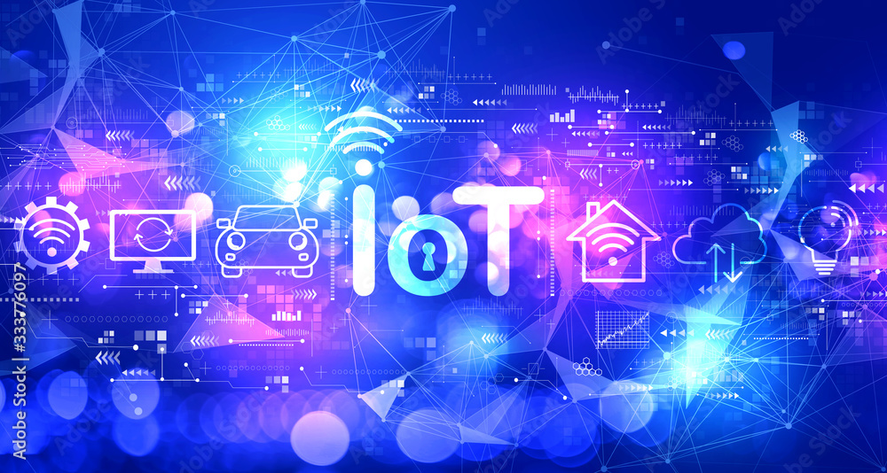 Poster iot theme with technology blurred abstract light background