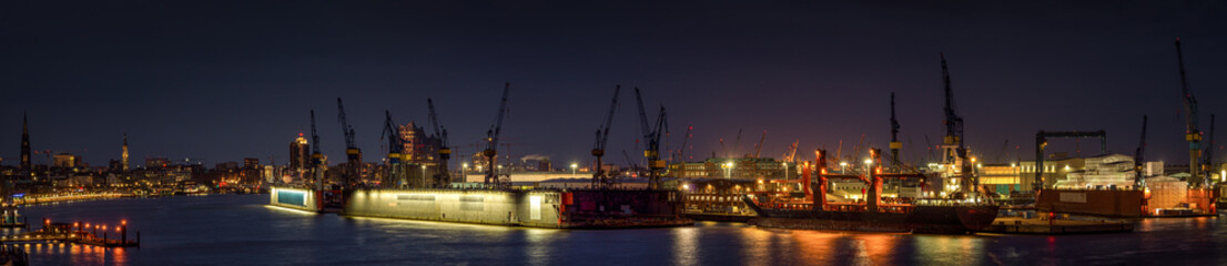 Panorama of Hamburg harbour at night 