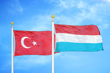 Fototapeta na wymiar Turkey and Luxembourg two flags on flagpoles and blue cloudy sky