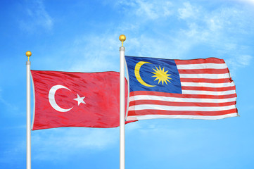 Turkey and Malaysia two flags on flagpoles and blue cloudy sky