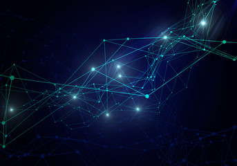 Plexus lines, dots and light beams with light points. Abstract technology, science and engineering background. Depth of field settings. 3D rendering