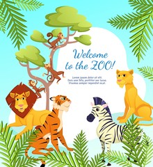 Welcome to Zoo Banner, African Animals on Palm Leaves Nature Background, Lion King, Lioness, Tiger Predators, Zebra and Funny Monkeys Jumping on Tree Branch, Wildlife, Cartoon Flat Vector Illustration