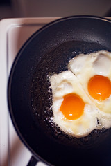 Close-up of two eggs cooking in a pan