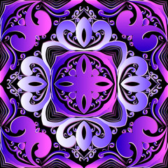 Colorful Damask floral 3d seamless pattern. Ornamental bright glowing background. Repeat luxury backdrop. Decorative beautiful Baroque style ornaments. Vintage violet flowers, leaves. Ornate design