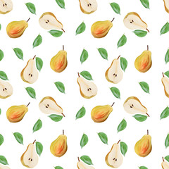 harvest sweet pears with leaves fruit gouache illustration freehand drawn seamless pattern on white background. Food pattern, painted manually