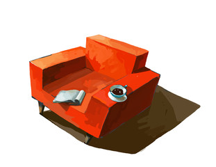 Big beautiful red armchair with open book. home. Relax, comfort lifestyle.