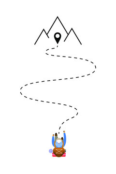 Vector illustration: Cartoon graphic young man hiker with backpack is going by the route to the finish way point in a mountains. Travel concept.