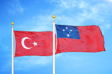 Turkey and Samoa two flags on flagpoles and blue cloudy sky