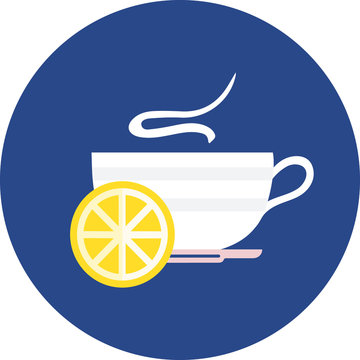 Hot drink in cup with lemon slice, green tea, hot water, tea