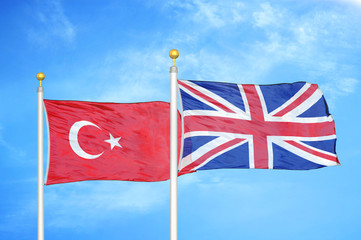 Turkey and United Kingdom two flags on flagpoles and blue cloudy sky