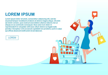 Webpage Announcing M-Commerce, Shopping via Social Network. Happy Elegant Woman with Cart Full of Paper Bags Decorated Heart and Thumbs up Signs. Digital Marketing. Vector Flat Cartoon Illustration