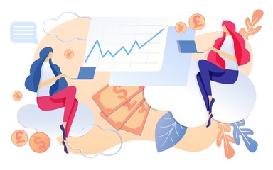 Cartoon Woman Employee Work on Notebook Vector Illustration. Business Company Accounting. Money Dollar Coins. Financial Efficiency Graphic Grow on Screen. Productivity Time Management