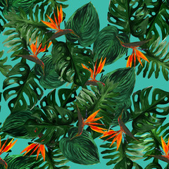 Original seamless tropical pattern with Strelitzia and leaves on turquoise background. Seamless pattern with colorful leaves of colocasia, filodendron, monstera. Exotic wallpaper. Hawaiian style © Olena