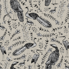 Seamless watercolor pattern with birds and botany. Background for fabric, Wallpaper and design. Background for children's textiles and Wallpapers.