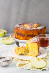 Piece of charlotte with apples. Delicious apple pie or sponge cake decorated with powdered sugar. Morning atmospheric lighting, trendy soft shadows, selective focus. 